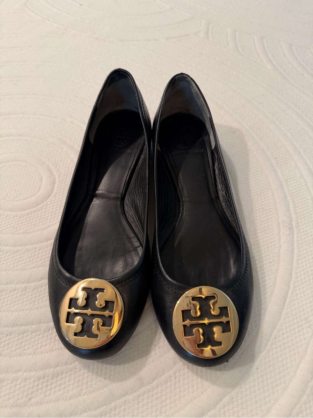 Tory Burch Black Leather Reva Flats with Gold Logo Medallion